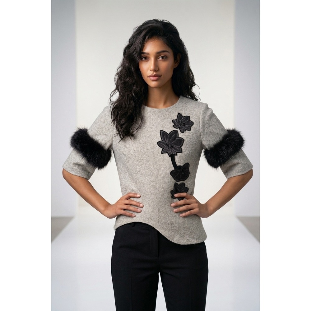 Mignon Doo Beige Wool‎ Blend Top Raccoon Fur Sleeve Floral Crystal Applique